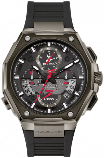 Bulova Precisionist com mostrador escuro, detalhes vermelhos e pulseira preta.